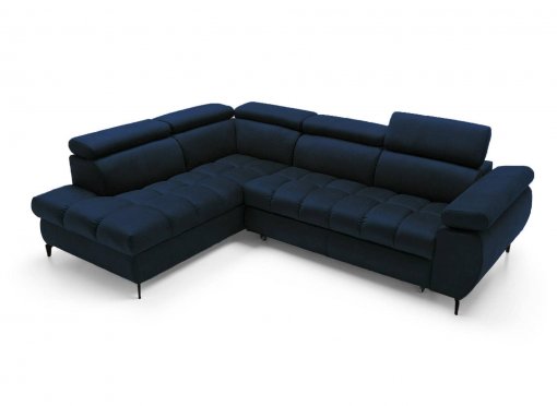 Canapé d’angle convertible matelassé avec coffre en velours bleu foncé LUCIANO - Angle gauche