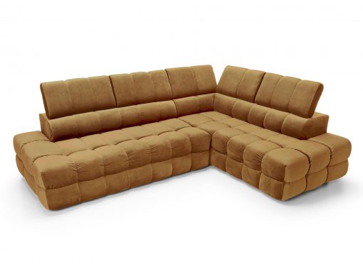 Canapé d’angle convertible matelassé avec coffre en velours moutarde LORENZO - Angle droit