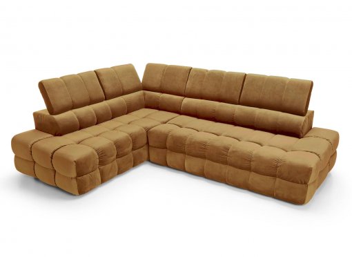 Canapé d’angle convertible matelassé gris avec coffre en velours moutarde LORENZO - Angle gauche