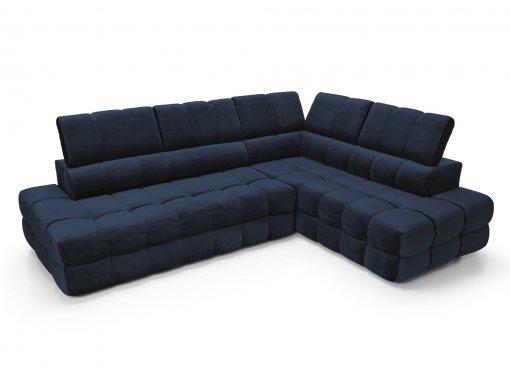 Canapé d’angle convertible matelassé avec coffre en velours bleu foncé LORENZO - Angle droit