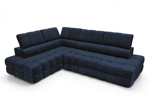 Canapé d’angle convertible matelassé gris avec coffre en velours bleu foncé LORENZO - Angle gauche