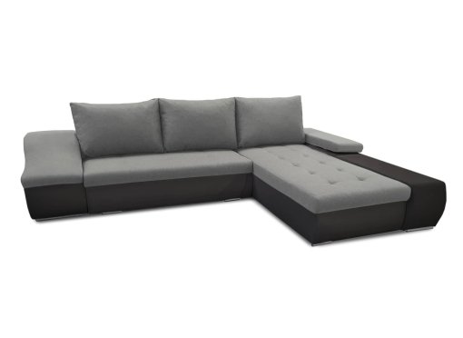 Canapé d’angle convertible coffre de rangement en tissu gris et simili noir VOLGA – Angle Droit