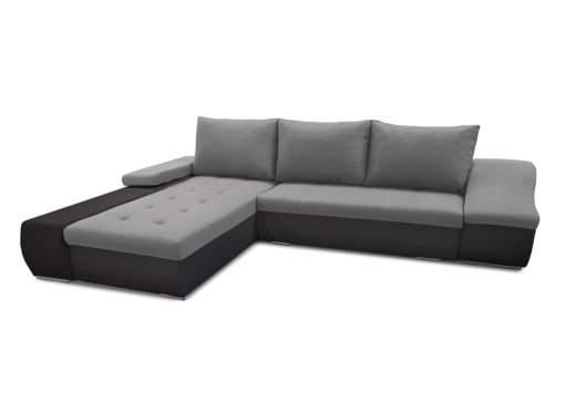 Canapé d’angle convertible coffre de rangement en tissu gris et simili noir VOLGA – Angle Gauche