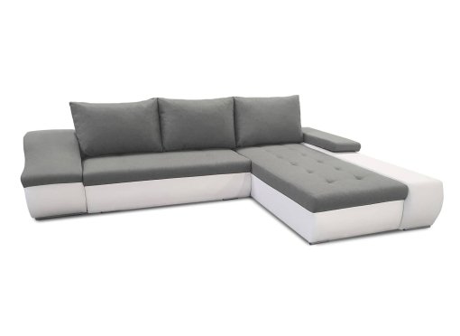 Canapé d’angle convertible coffre de rangement en tissu gris et simili blanc VOLGA – Angle Droit