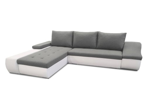 Canapé d’angle convertible coffre de rangement en tissu gris et simili blanc VOLGA – Angle Gauche