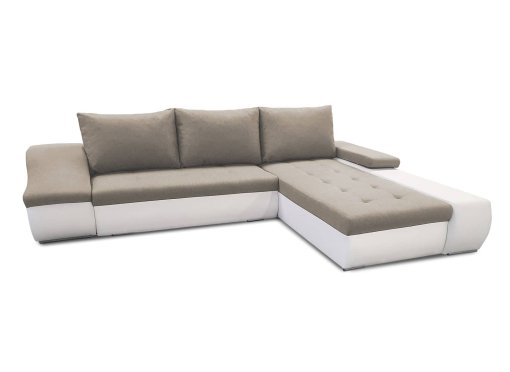Canapé d’angle convertible coffre de rangement en tissu beige et simili blanc VOLGA - Angle droit