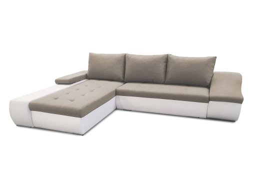 Canapé d’angle convertible coffre de rangement en tissu beige et simili blanc VOLGA – Angle Gauche
