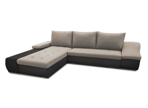 Canapé d’angle convertible coffre de rangement en tissu beige et simili noir VOLGA – Angle Gauche