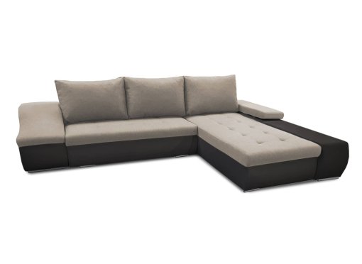 Canapé d’angle convertible coffre de rangement en tissu beige et simili noir VOLGA – Angle Droit