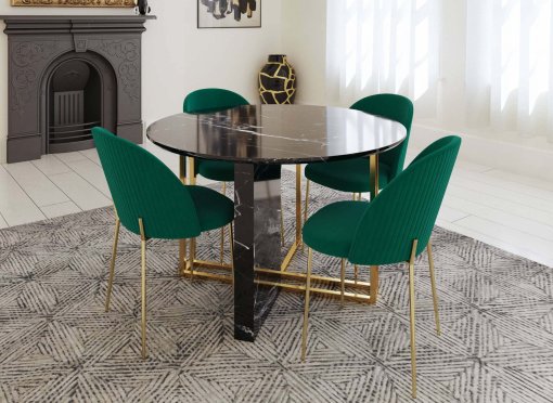Table à manger ronde design effet marbre noir et doré ERIKA
