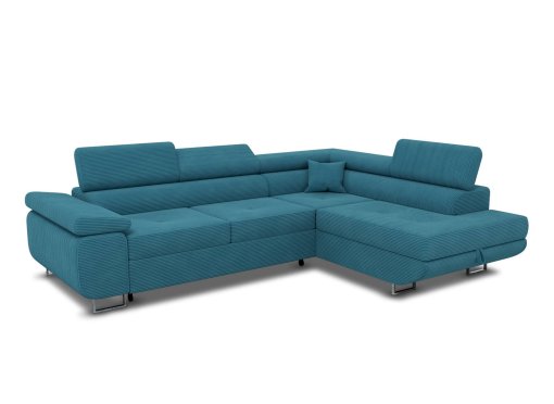 Canapé d'angle convertible avec coffre en velours côtelé bleu ASHER - Angle Droit