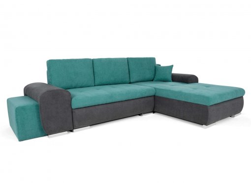 Canapé d'angle convertible et réversible avec coffre en tissu bleu et gris foncé EMILIO