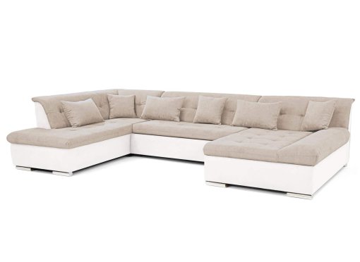 Canapé d'angle panoramique convertible en tissu beige et simili blanc ATEMA - Angle Droit
