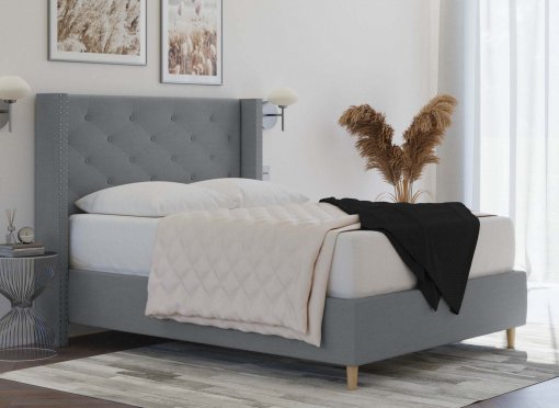 Lit double en tissu capitonné gris MARGOT 140x190 cm