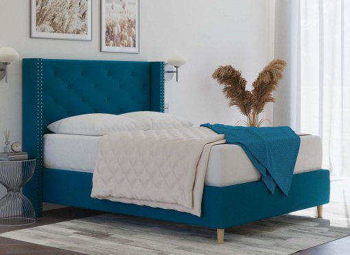 Lit double en tissu capitonné bleu MARGOT 140x190 cm