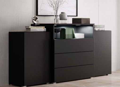 Buffet commodes 2 portes 3 tiroirs noir avec LED - MARCEL