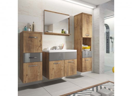 Ensemble meubles salle de bain suspendu - Bois effet vieilli et gris SHELBY