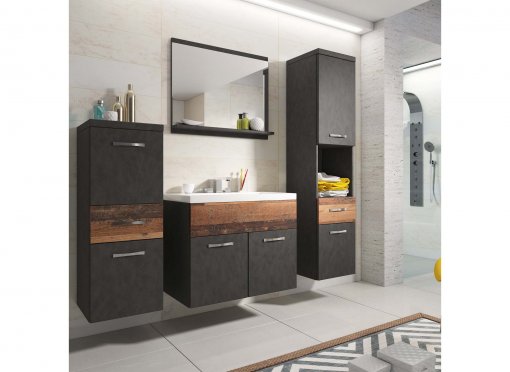 Ensemble meubles salle de bain suspendu - Noir et chêne vieilli SHELBY