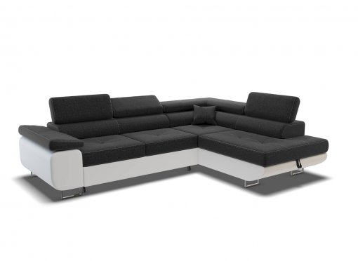 Canapé d’angle convertible avec coffre en tissu noir et simili blanc ASHER – Angle Droit