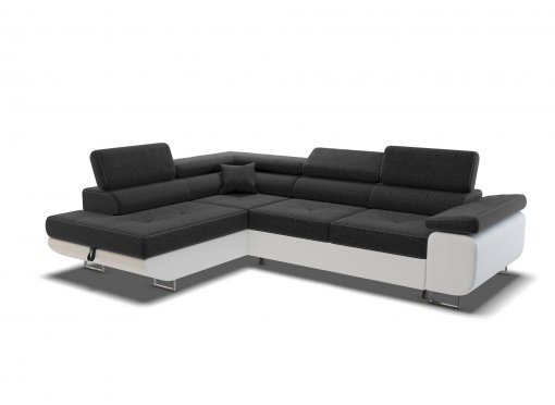 Canapé d’angle convertible avec coffre en tissu noir et simili blanc  ASHER – Angle Gauche