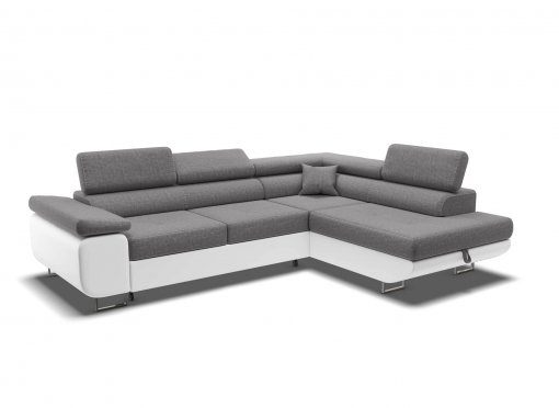 Canapé d’angle convertible avec coffre en tissu gris et simili blanc ASHER – Angle Droit