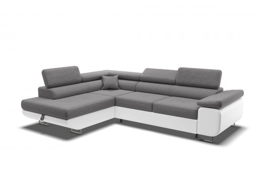 Canapé d’angle convertible avec coffre en tissu gris et simili blanc ASHER – Angle Gauche
