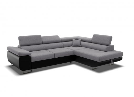 Canapé d’angle convertible avec coffre en tissu gris et simili noir ASHER – Angle Droit