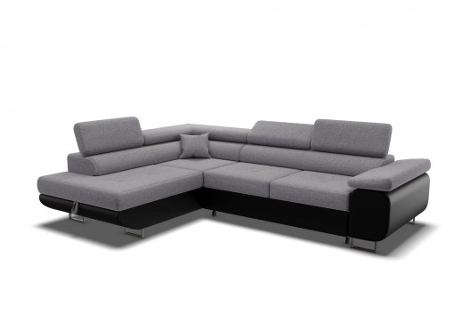 Canapé d’angle convertible avec coffre en tissu gris et simili noir ASHER – Angle Gauche
