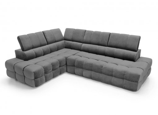 Canapé d’angle convertible matelassé gris avec coffre en velours gris LORENZO - Angle gauche