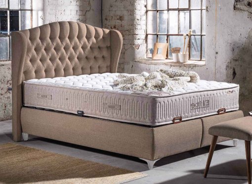 Lit coffre avec sommier en tissu beige 160x200 cm THEODORE