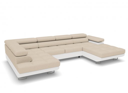 Canapé panoramique convertible 2 coffres beige et blanc OREGON - Angle Droit