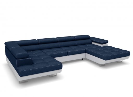 Canapé panoramique convertible 2 coffres bleu et gris OREGON  – Angle Droit