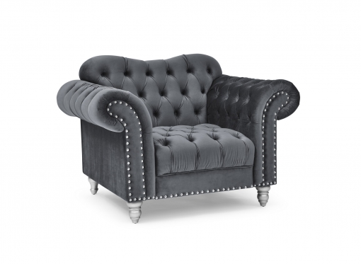 Fauteuil chesterfield courbé en velours gris et pieds en métal argenté - RACHEL