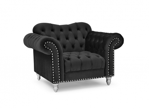 Fauteuil chesterfield courbé en velours noir et pieds en métal argenté - RACHEL