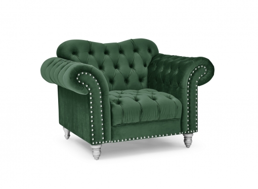 Fauteuil chesterfield courbé en velours vert et pieds en métal argenté - RACHEL