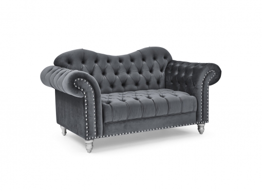 Canapé 2 places chesterfield courbé en velours gris et pieds en métal argenté - RACHEL