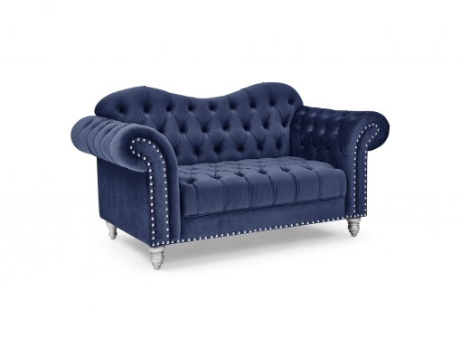 Canapé 2 places chesterfield courbé en velours bleu foncé et pieds en métal argenté - RACHEL
