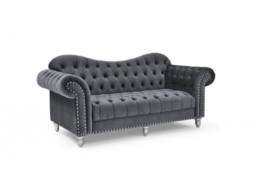 Canapé 3 places chesterfield courbé en velours gris et pieds en métal argenté - RACHEL