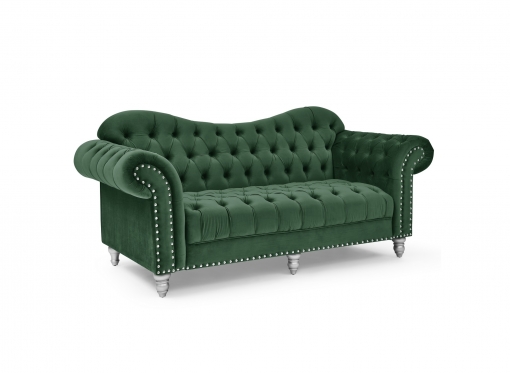 Canapé 3 places chesterfield courbé en velours vert et pieds en métal argenté - RACHEL