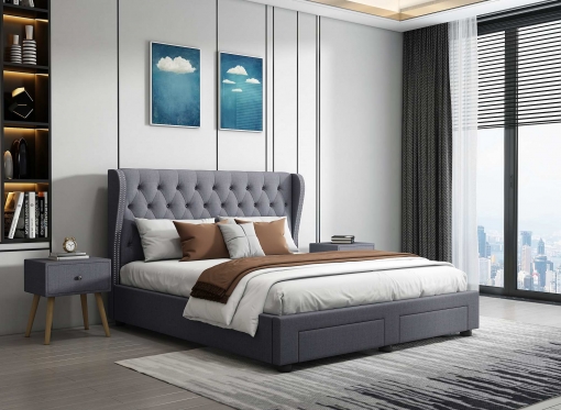 Lit double avec tiroirs de rangement en tissu gris capitonné 140x190 cm JOSEPH