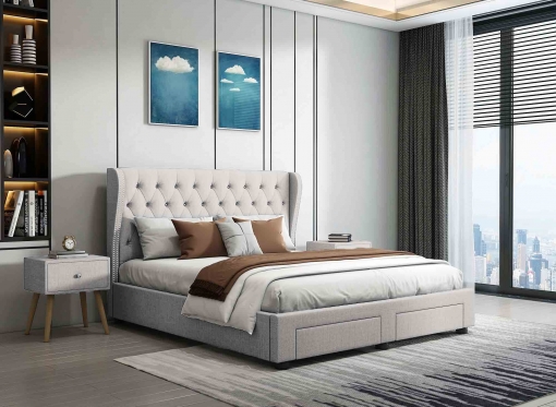 Lit double avec tiroirs de rangement en tissu beige capitonné 140x190 cm JOSEPH