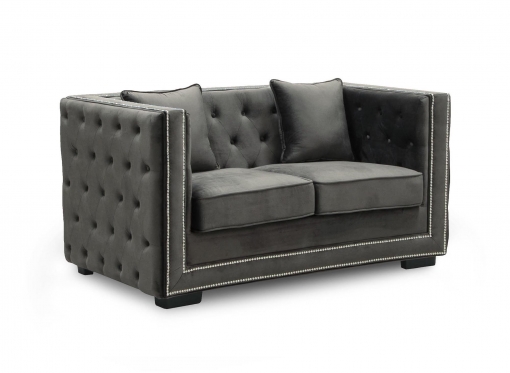 Canapé 2 places capitonné chesterfield design en velours gris CUBE