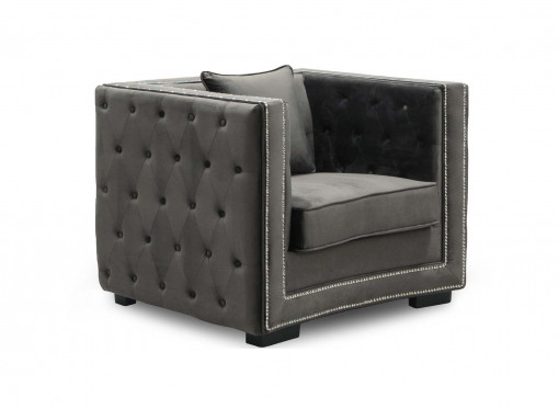 Fauteuil capitonné chesterfield design en velours gris CUBE