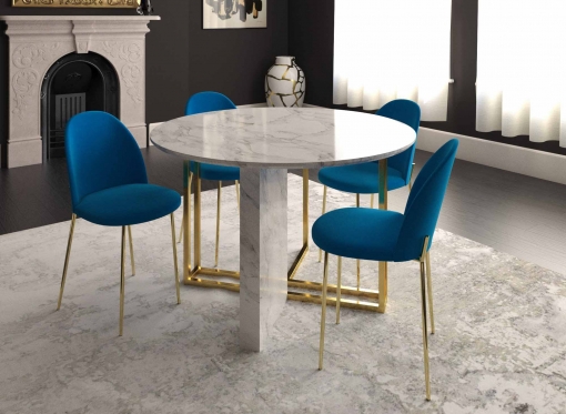 Table à manger ronde design effet marbre blanc et doré ERIKA