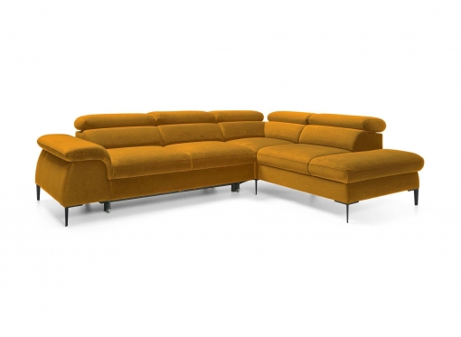 Canapé d'angle convertible avec coffre de rangement en velours jaune moutarde SWAN - Angle droit