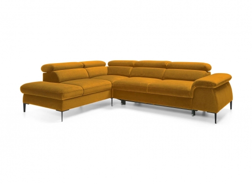 Canapé d'angle convertible avec coffre de rangement en velours jaune moutarde SWAN - Angle gauche