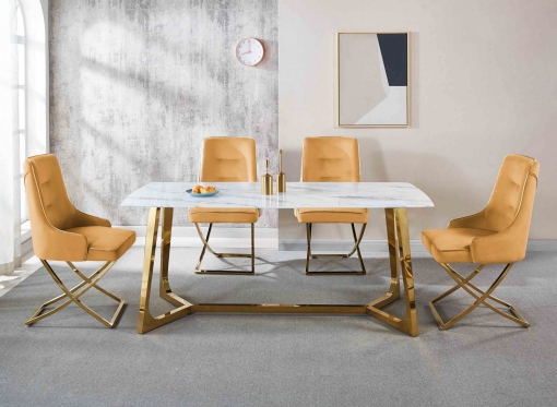 Table à manger rectangulaire design effet marbre blanc et doré JOHANNA