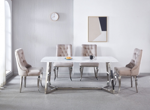 Table à manger rectangulaire design effet marbre blanc et argenté JOHANNA