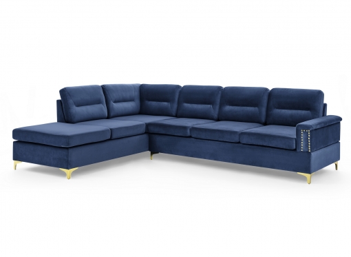 Canapé d'angle réversible en velours bleu et pieds doré SOCIA