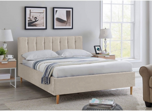 Lit double capitonné en tissu velours beige VALENTINE 140x190 cm